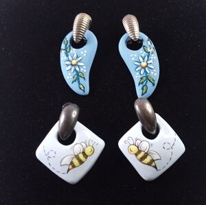 Vintage Ceramic Brass Bees Flowers 2 pairs Earrings Handmade pierced